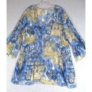 Catherines Tunic Top Womens 2X Pleated Bell Sleeves Beaded Boho Artsy Flowy Chic